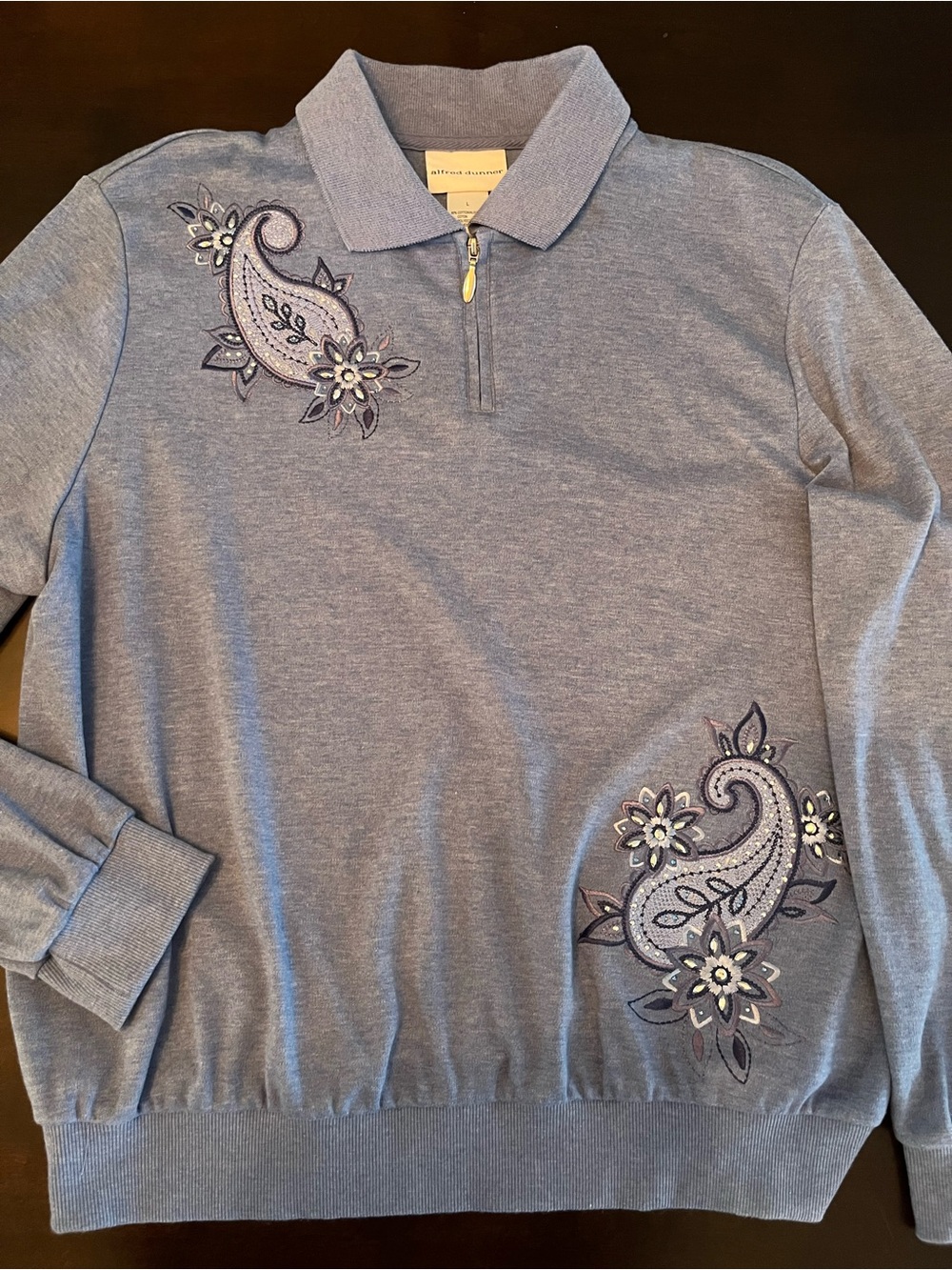 Alfred Dunner Light Blue Paisley Embroidered Zip-Neck Pullover Size L